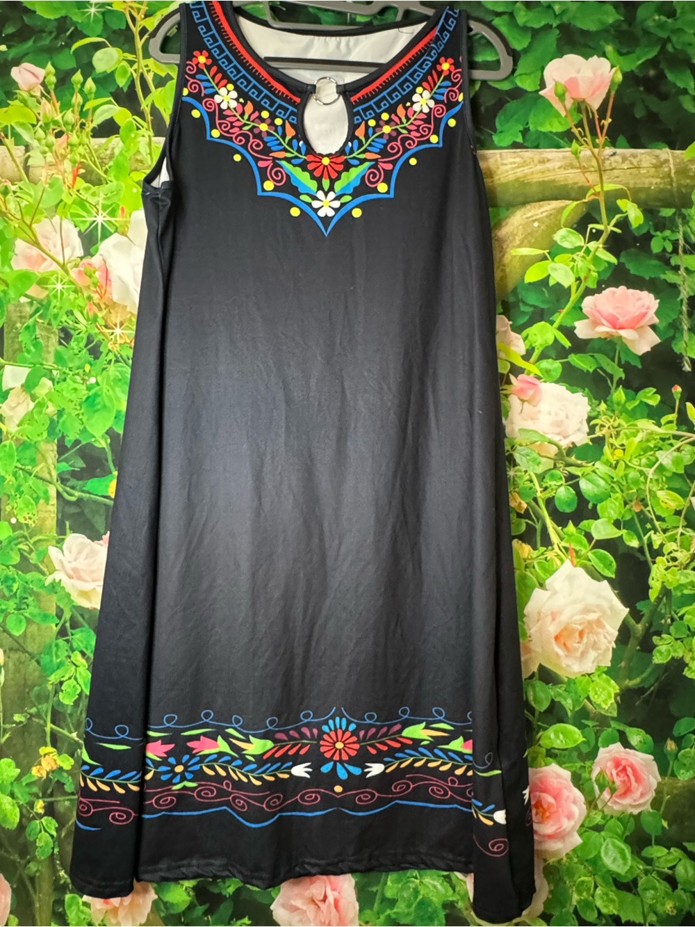 Black Sleeveless A-Line Dress with Colorful Neckline